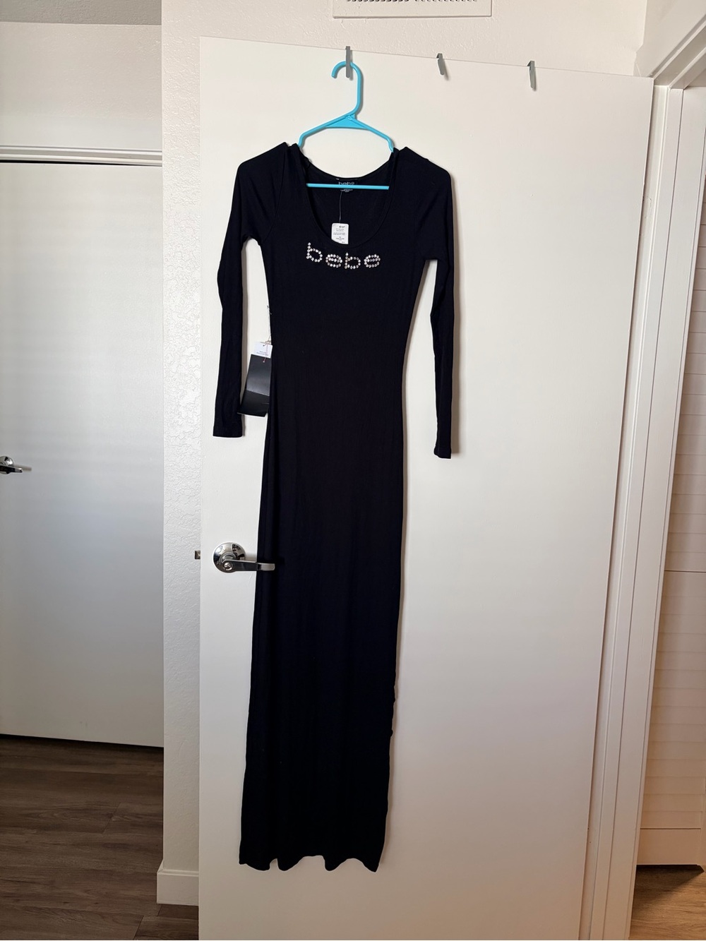 bebe Black Long Sleeve Maxi with Crystal Logo